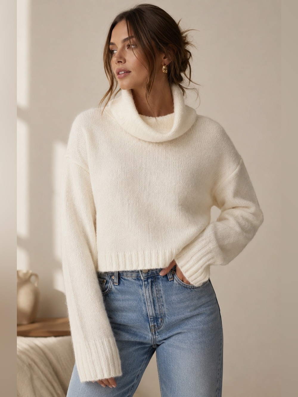 Pilcro Cream Ivory Cropped Cowl Neck Sweater Wool Blend Size S